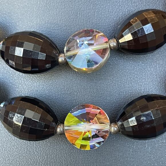 Vintage 2 Strand Black Faceted Beads Oval Peacock AB Color Beaded Necklace 16" L - Picture 4 of 7